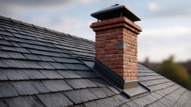 New chimney cap fitted on a brick stack over a shingle roof