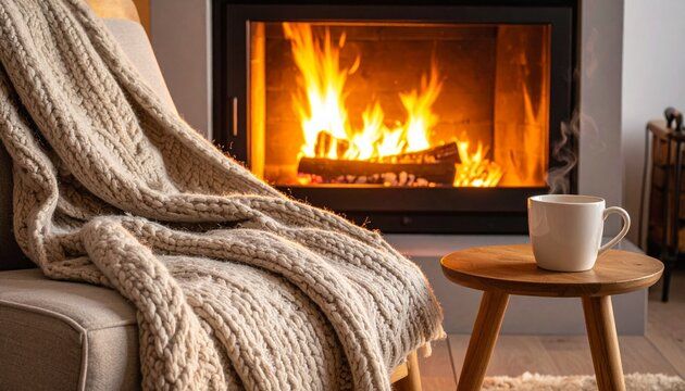 Cozy fire burning behind glass beside a knit blanket and mug