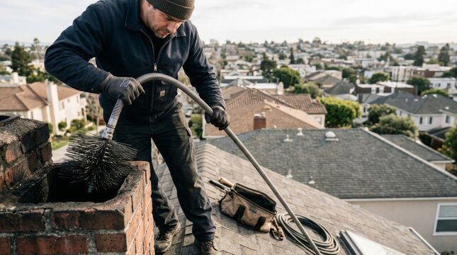 Chimney technician feeding a rod and brush into a flue above South Bay rooftops