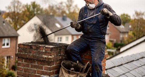 Sweep working a brush through a chimney as soot dust drifts
